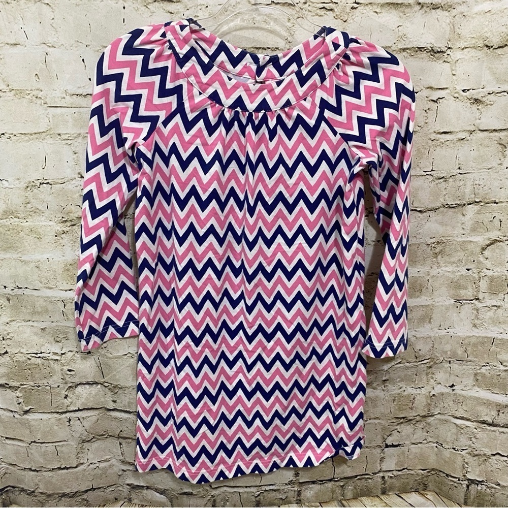 Kellys Kids Pink Blue Chevron Print Long Sleeve Dress